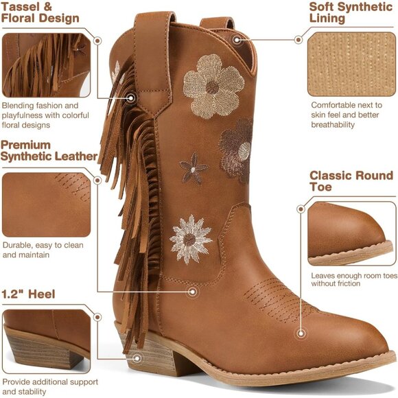 Girls Brown Cowgirl Boots With Tassel Floral Embroidered Kids Western Boots - Picture 2 of 7